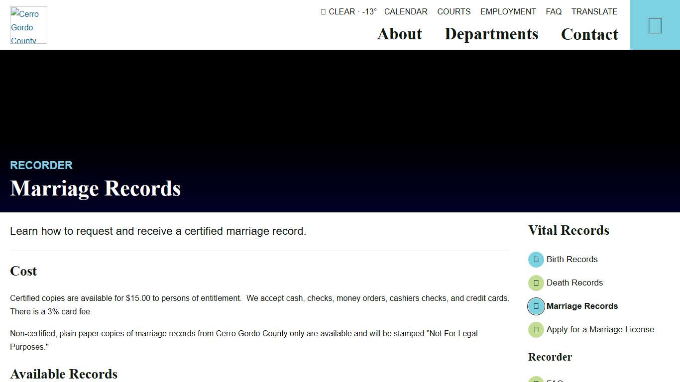 Marriage Records - Recorder's Office - Cerro Gordo County